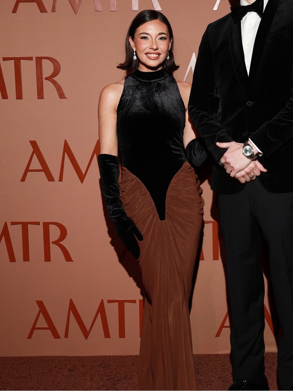 Mathilde brown velvet-panel ruched maxi dress (Gloves NOT Included)